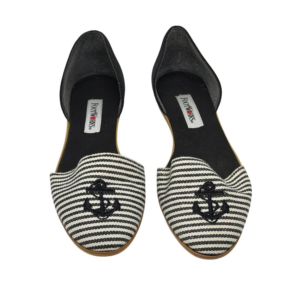 FootWorks Womens D'orsey Flats Black White Stripe Anchor Nautical Slip  On Shoes